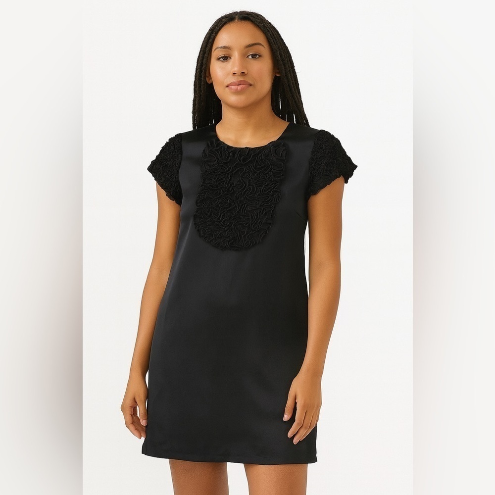 Ted Baker Black Satin Rosette Ruffle Shift Mini Dress Size 0